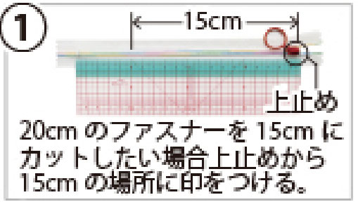 ①使用したいファスナーの長さにしるしを付ける