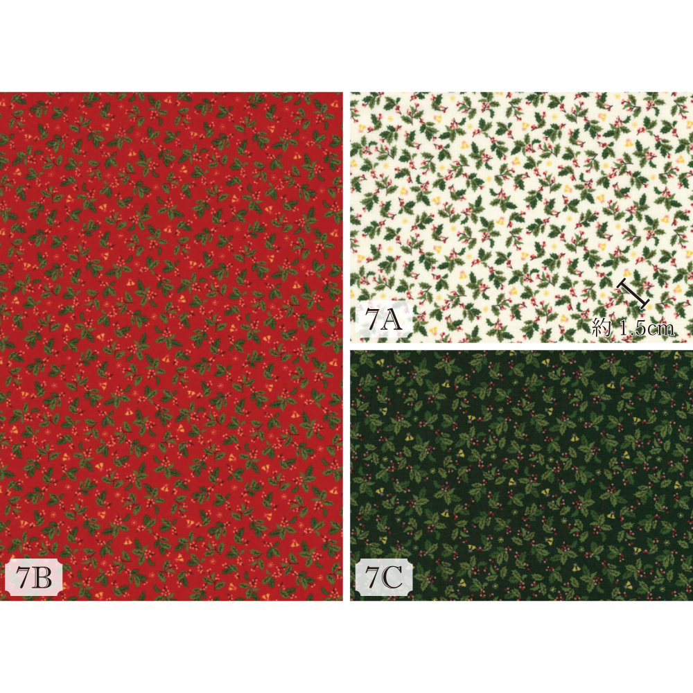 H7100-7 Christmasfabric クリスマス ヒイラギ柄シーチング生地 1m単位 (m）_全色