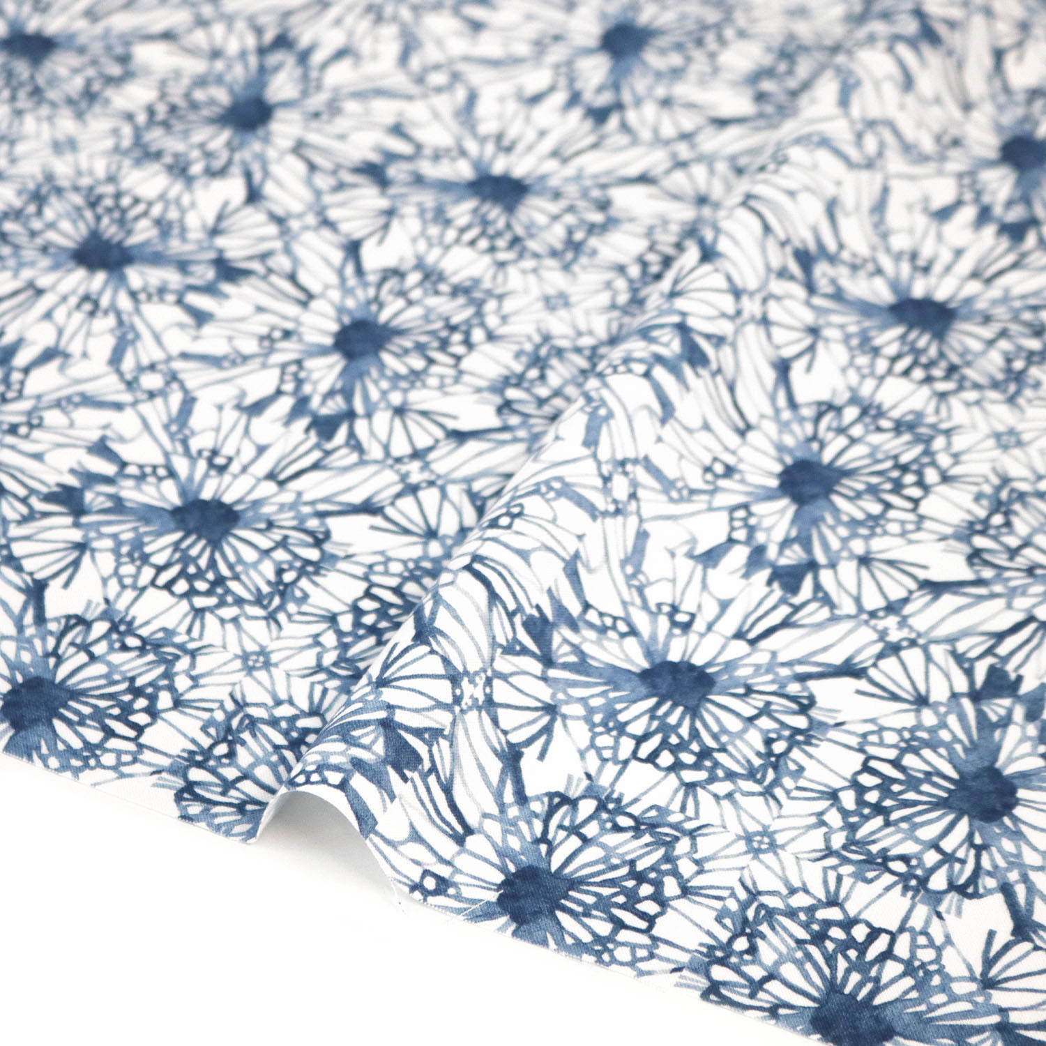 【0119新柄】FSP-908 WH地 水彩 青 四角の中に花 FreeSpirit フリースピリット USAプリント m単位 (m)