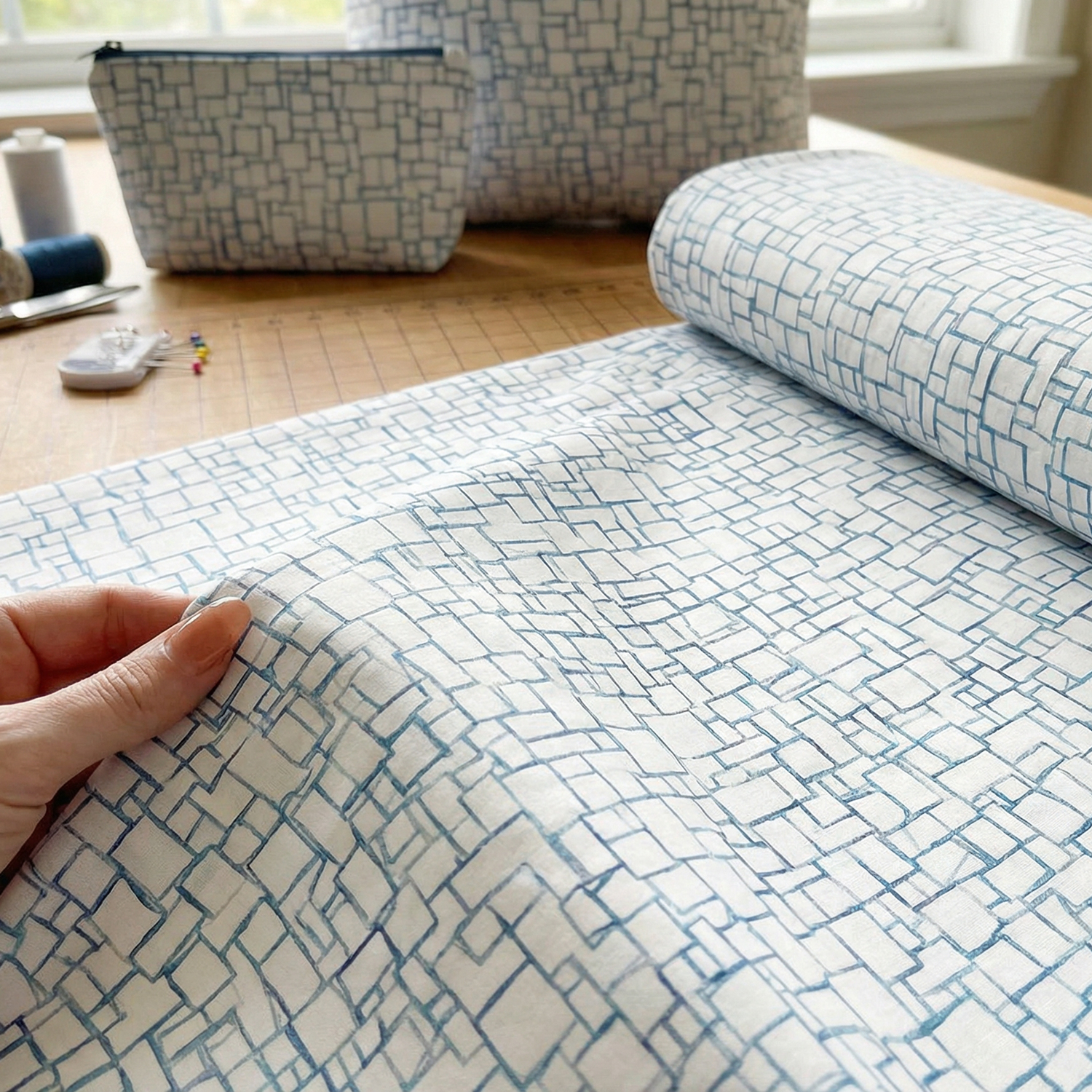 【15%OFF】【0119新柄】FSP-909 WH地 水彩 水色 小さな四角フレーム FreeSpirit フリースピリット USAプリント m単位 (m)