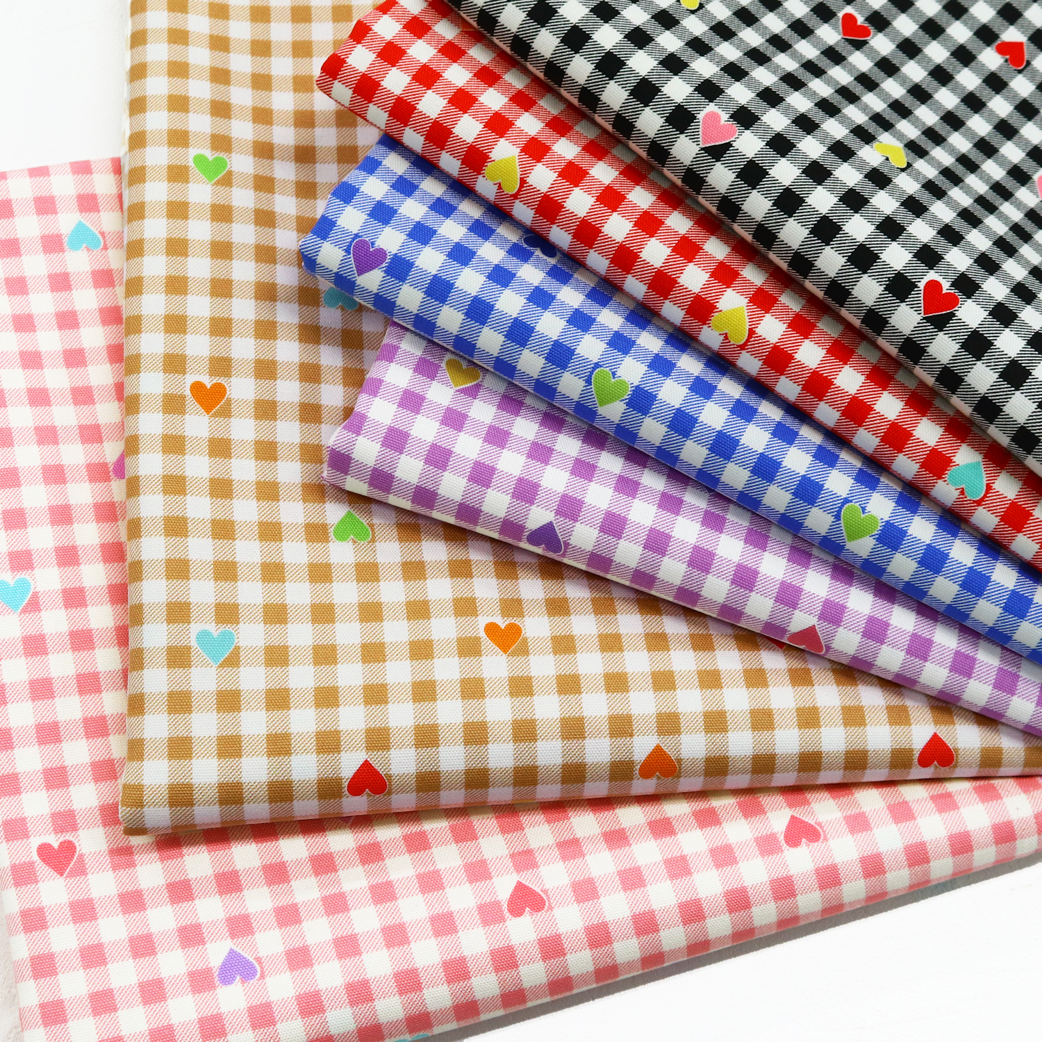 TP10713 オックスプリント生地 ギンガムハート 巾約110cm 1m単位(m)