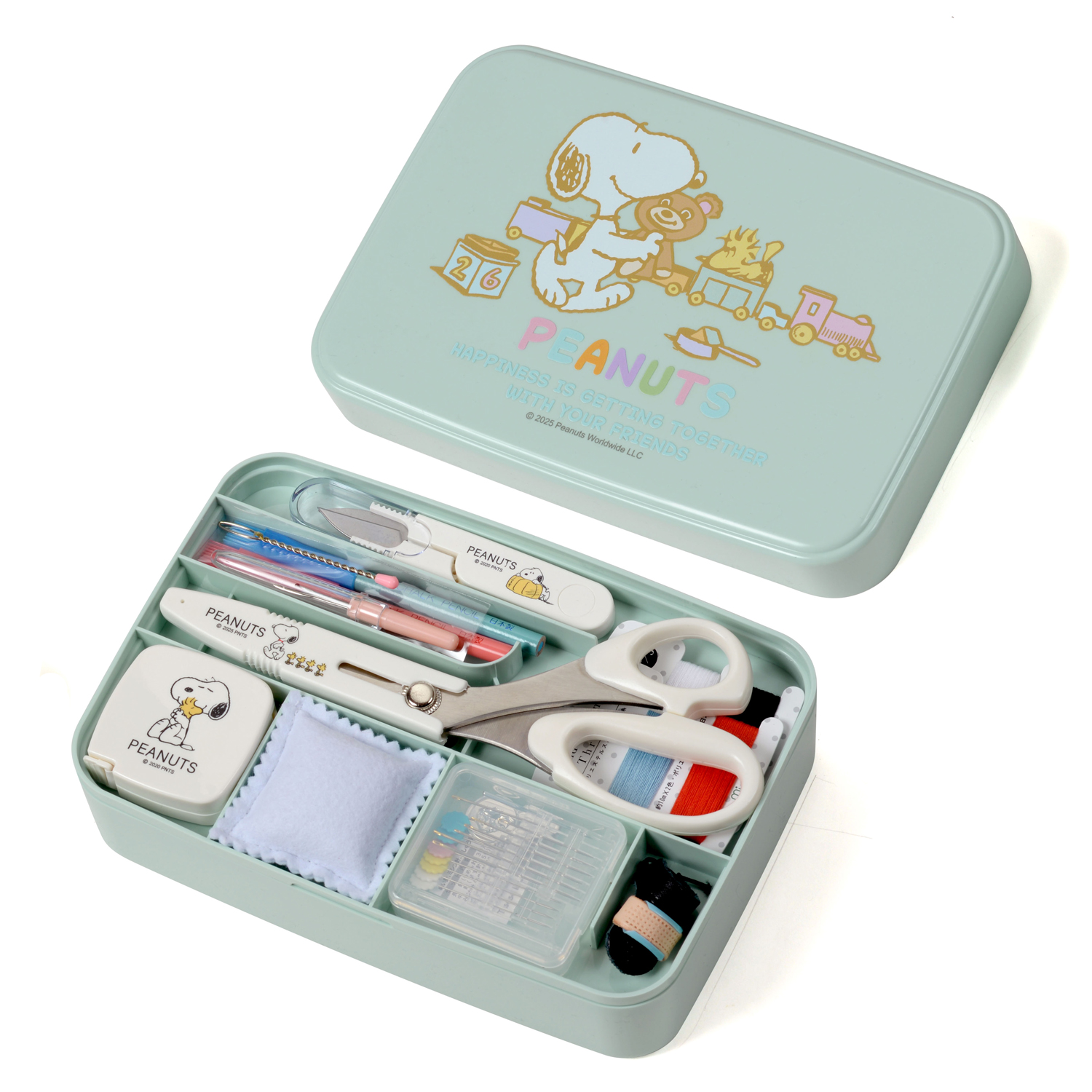 MIS18703 スヌーピーソーイングセット 薄型ケースタイプ くすみグリーン 12点セット (個)