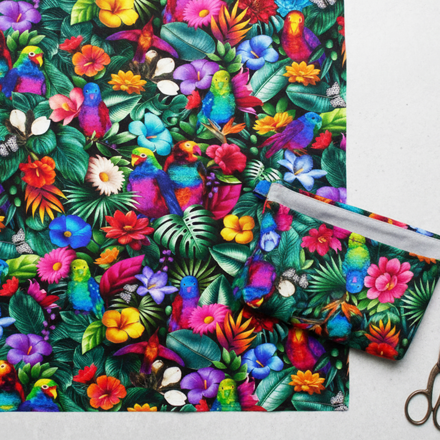 TIME3744-F Black background, colorful parrots and flowers Timeless Treasures, USA Printed Fabric, 1m/unit (m)