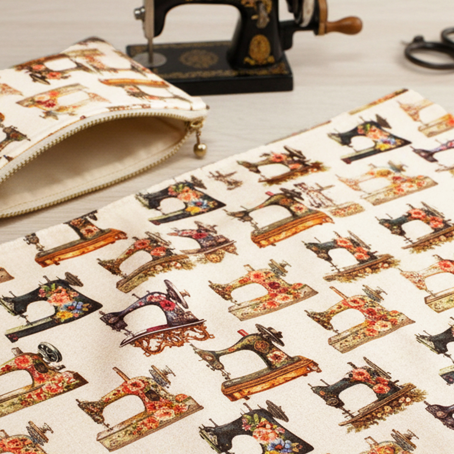 TIME3874-E Beige ground, sewing machine pattern Timeless Treasures, USA Printed Fabric, 1m/unit (m)