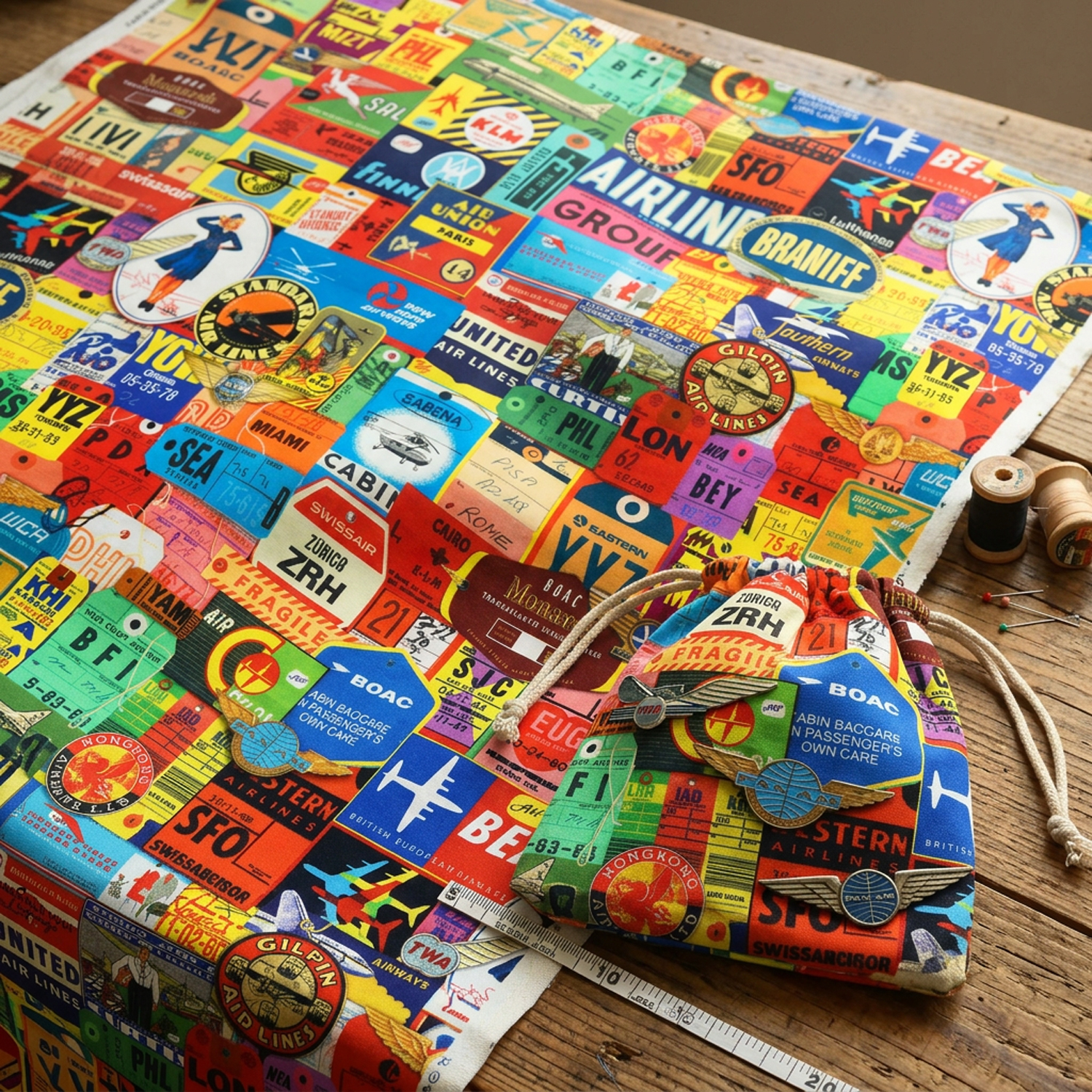 ROB19709-267 Retro aviation colorful baggage tag pattern ROBERTKAUFMAN USA print Width approx. 110cm 1m unit (m)