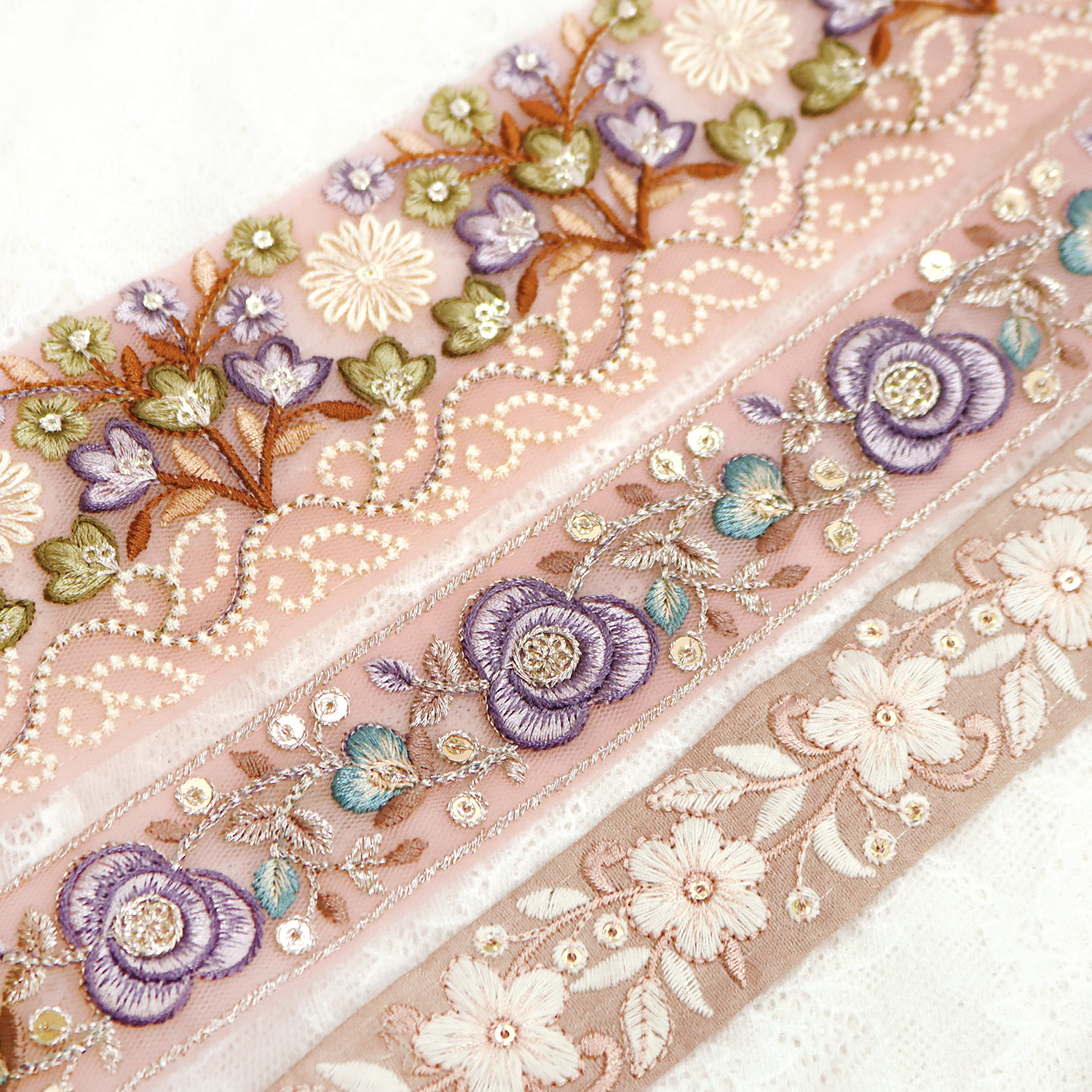 KF-RMIX-110 インド刺繍リボン ピンクアソート 約30cm×3本 (袋)