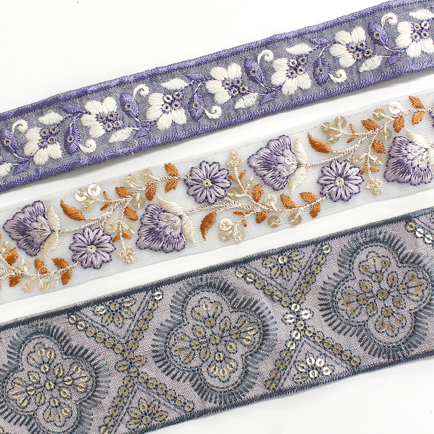 KF-RMIX-117 インド刺繍リボン ブルーアソート 約30cm×3本 (袋)