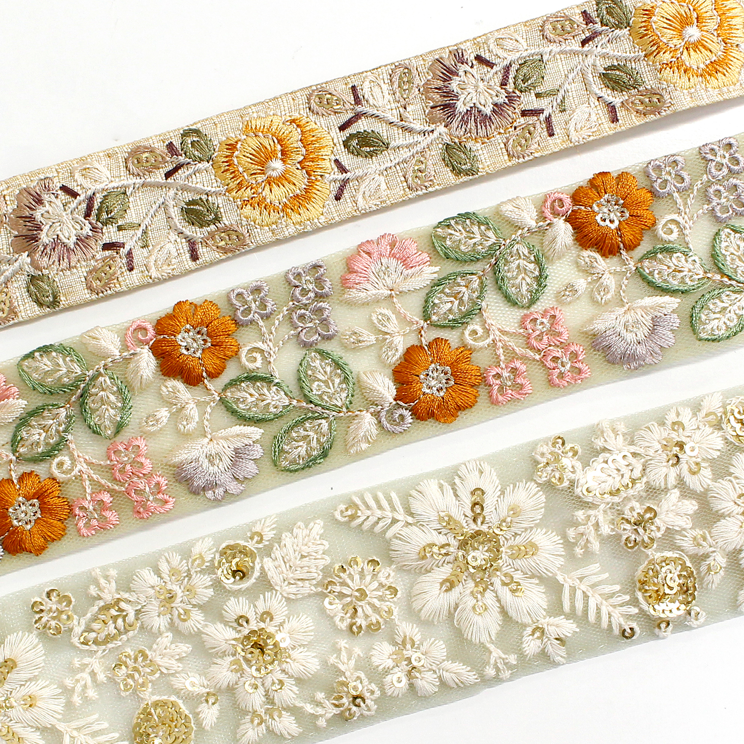 KF-RMIX-118 インド刺繍リボン グリーンアソート 約30cm×3本 (袋)