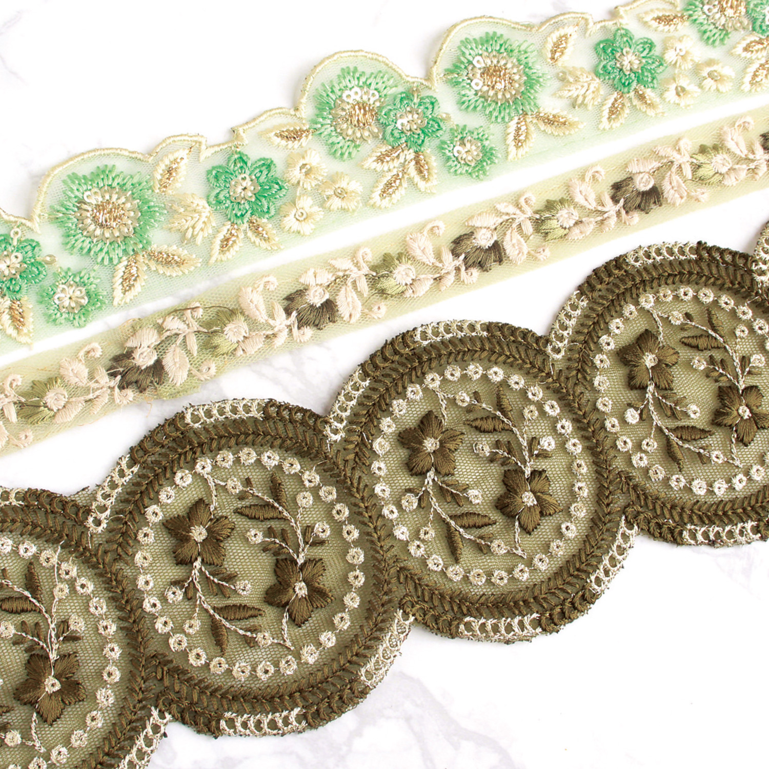 KF-RMIX-48 インド刺繍リボン カーキアソート 約30cm×3本 (袋)「手芸材料の卸売りサイトChuko Online」