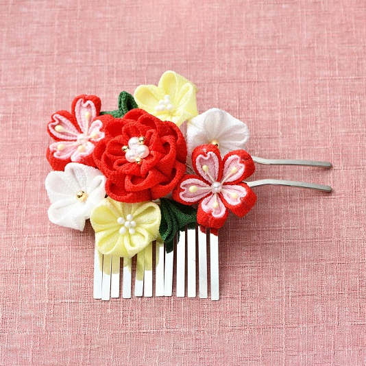 PAN-LH456 Kyoto Chirimen Tsumami-zaiku Kanzashi, Lovely Kanzashi, Red, Kit (Bag)