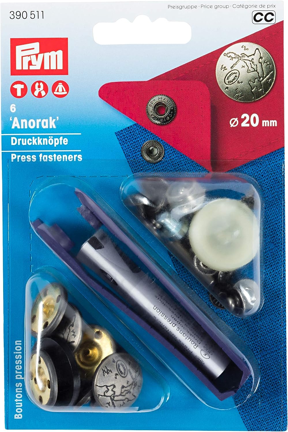 PRM Prym Snap Buttons with Anorak Kit, 20mm dia. 6 Pieces (pcs)