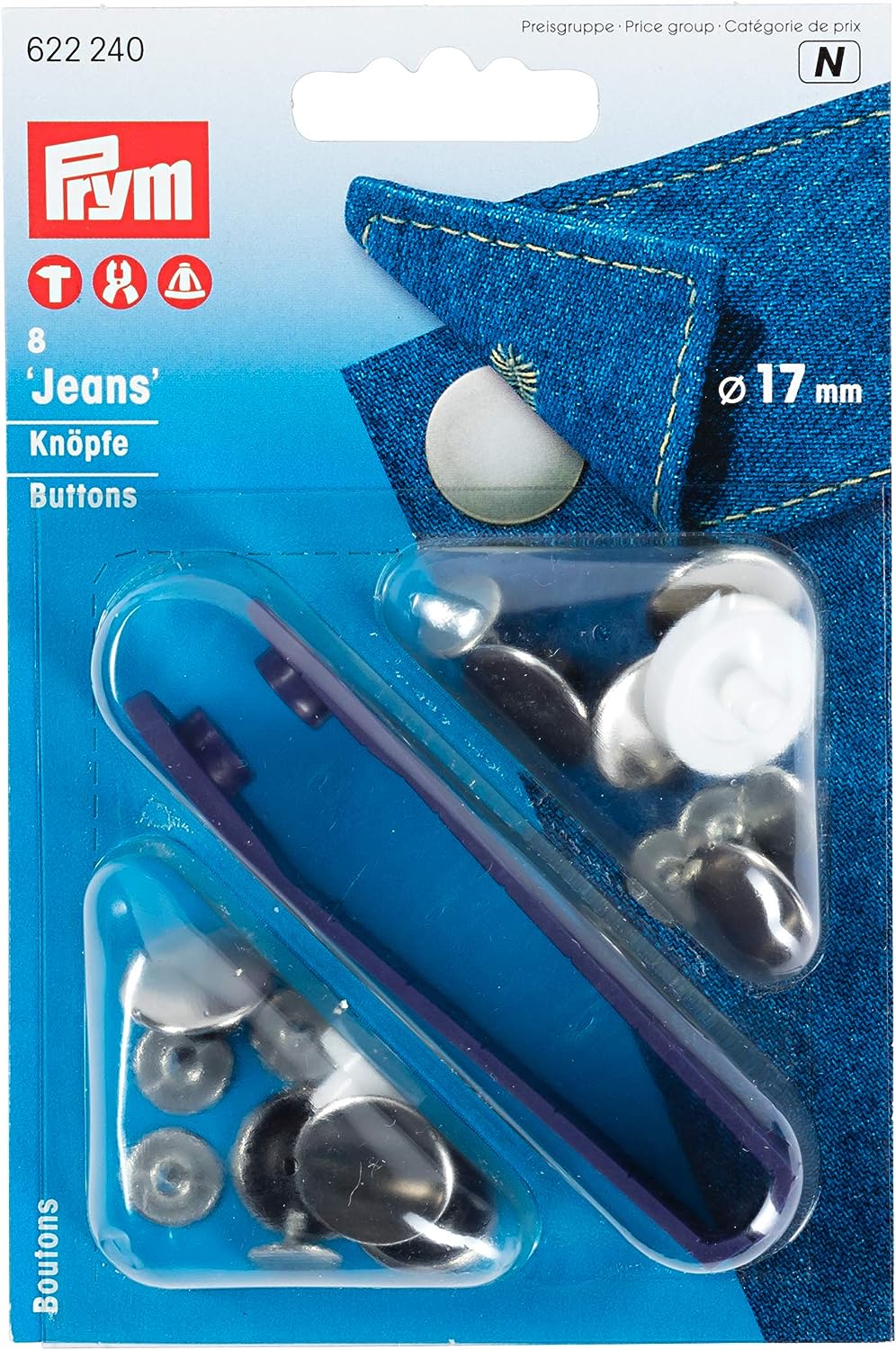 PRM622240 Prym Jeans Top Button "Plain" w/Kit", 17mm dia. 8 pairs", Matte Silver 622240 (pcs)