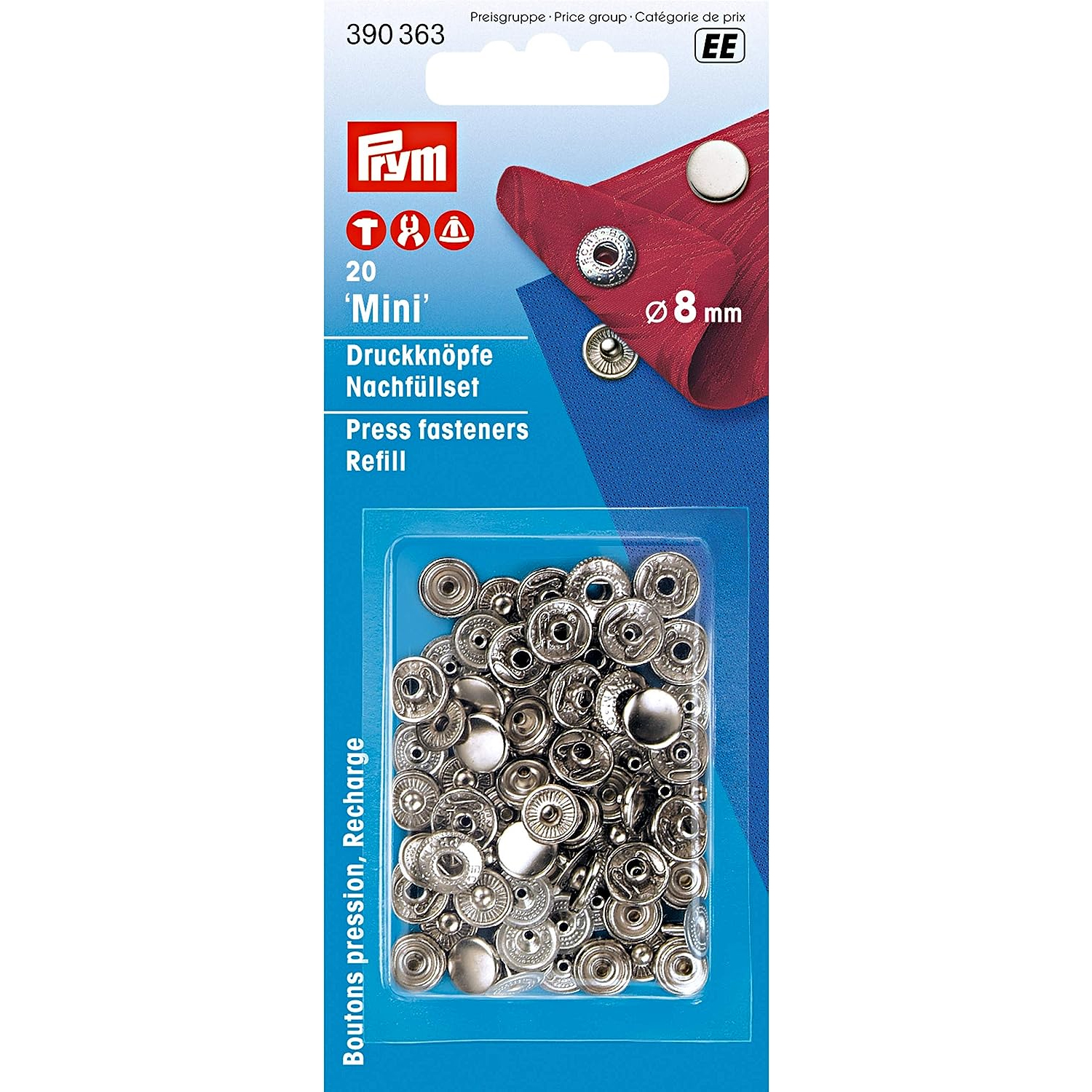 PRM390363 Prym Snap Button Mini Refill", 8mm dia. 20 pairs", Nickel 390363 (pcs)