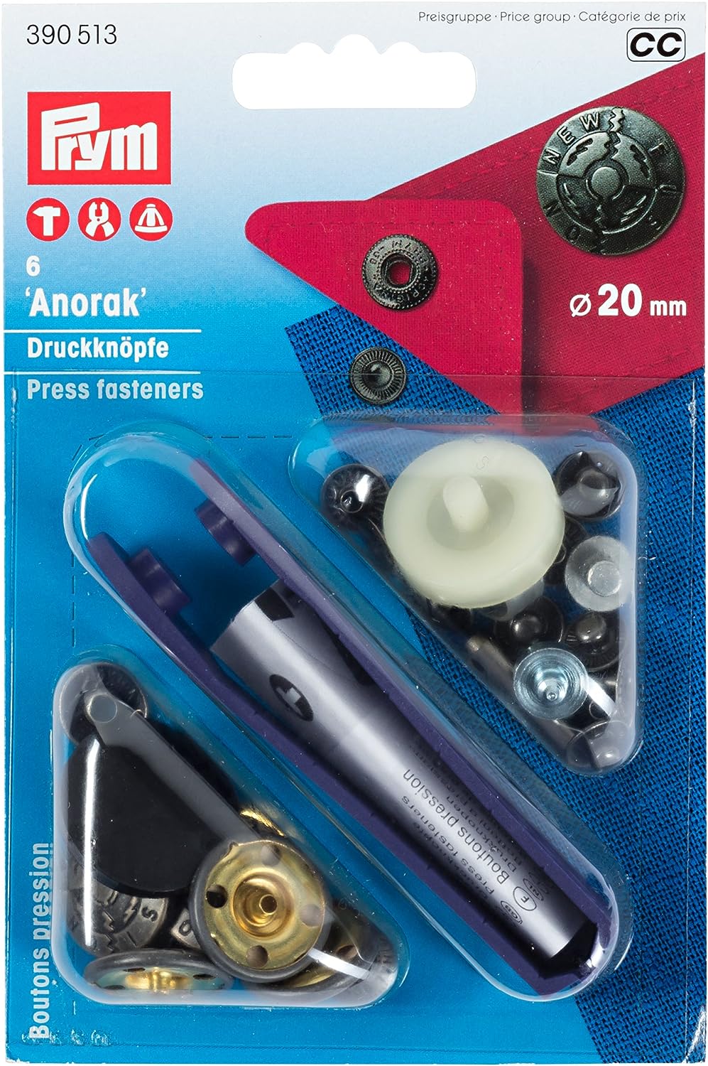PRM Prym Snap Buttons with Anorak Kit, 20mm dia. 6 Pieces (pcs)