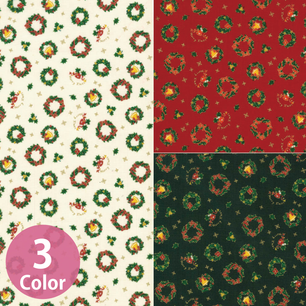 【10周年】H7100-5 Christmasfabric クリスマス リース柄シーチング生地 1m単位 (m）