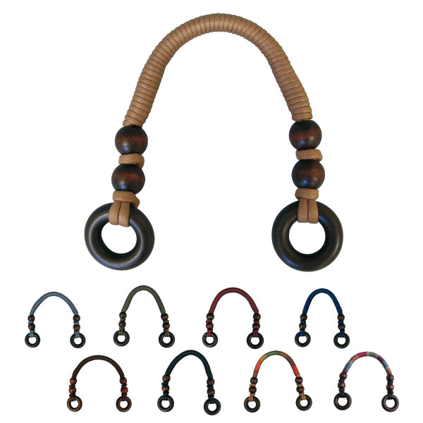 BM3851Winded Wax Cord Handle"""", with wood beads and rings"""", 38cm (set)