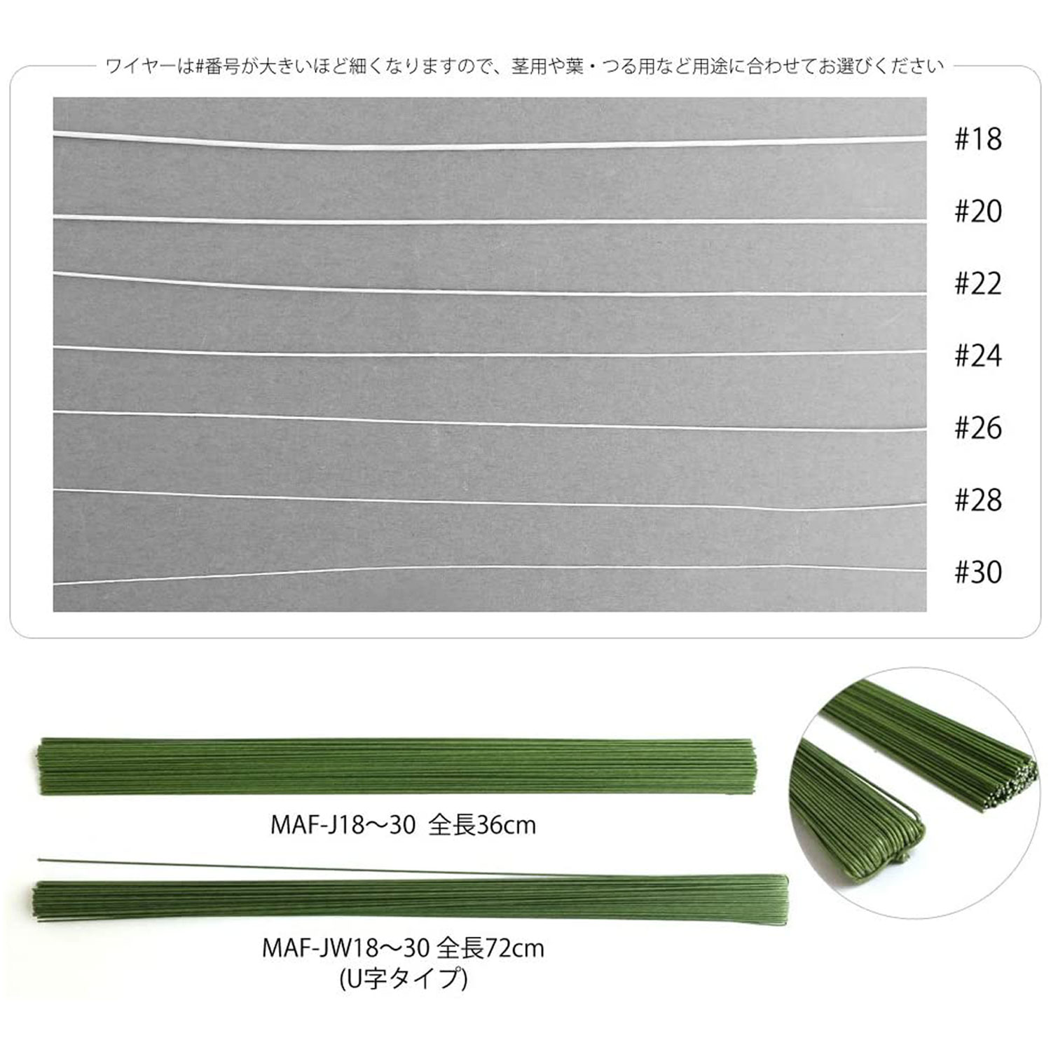 MAF-J 地巻ワイヤー #18～30 全長36cm グリーン (袋)「手芸材料の