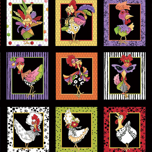 LORA692-223 Loralie Designs Chicken Portrait Black 鶏ポートレート黒 パネル生地 約巾110×58cm (枚)