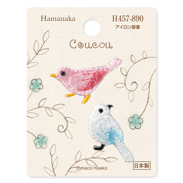 H457-890 ハマナカ Coucou ワッペン アイロン接着 トリ ピンク 白 1枚(枚)