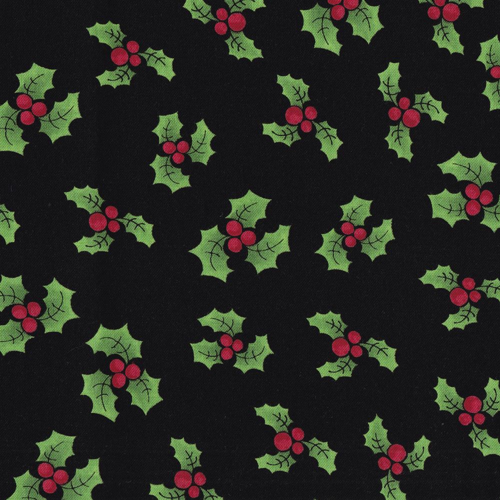 ■LORA692-406R Loralie Designs 黒地ひいらぎクリスマス USAプリント 原反約10.9m (巻)