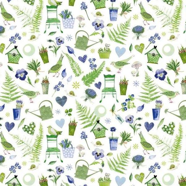■ACU3523-920R Pansies and Birds Green acufactum Printed Fabric Approx. 150cm Width"", Original Fabric Approx. 10m (roll)