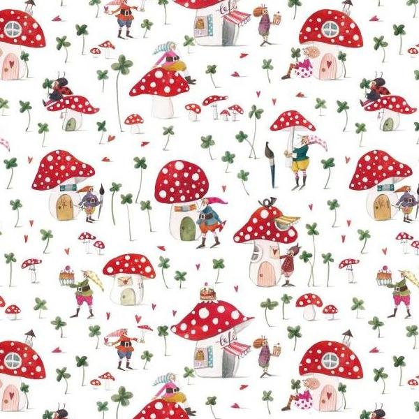 ■ACU3523-944R Mushroom House acufactum Printed Fabric Approx. 150cm Width"""", Original Fabric Approx. 10m (roll)