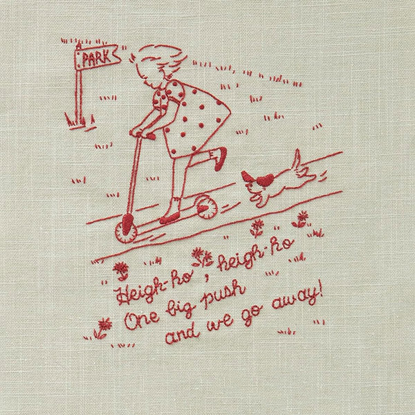CS542316 刺しゅうを楽しむプリントクロス artist collection 高橋亜紀「公園に行こう」 オリーブグリーン (袋)