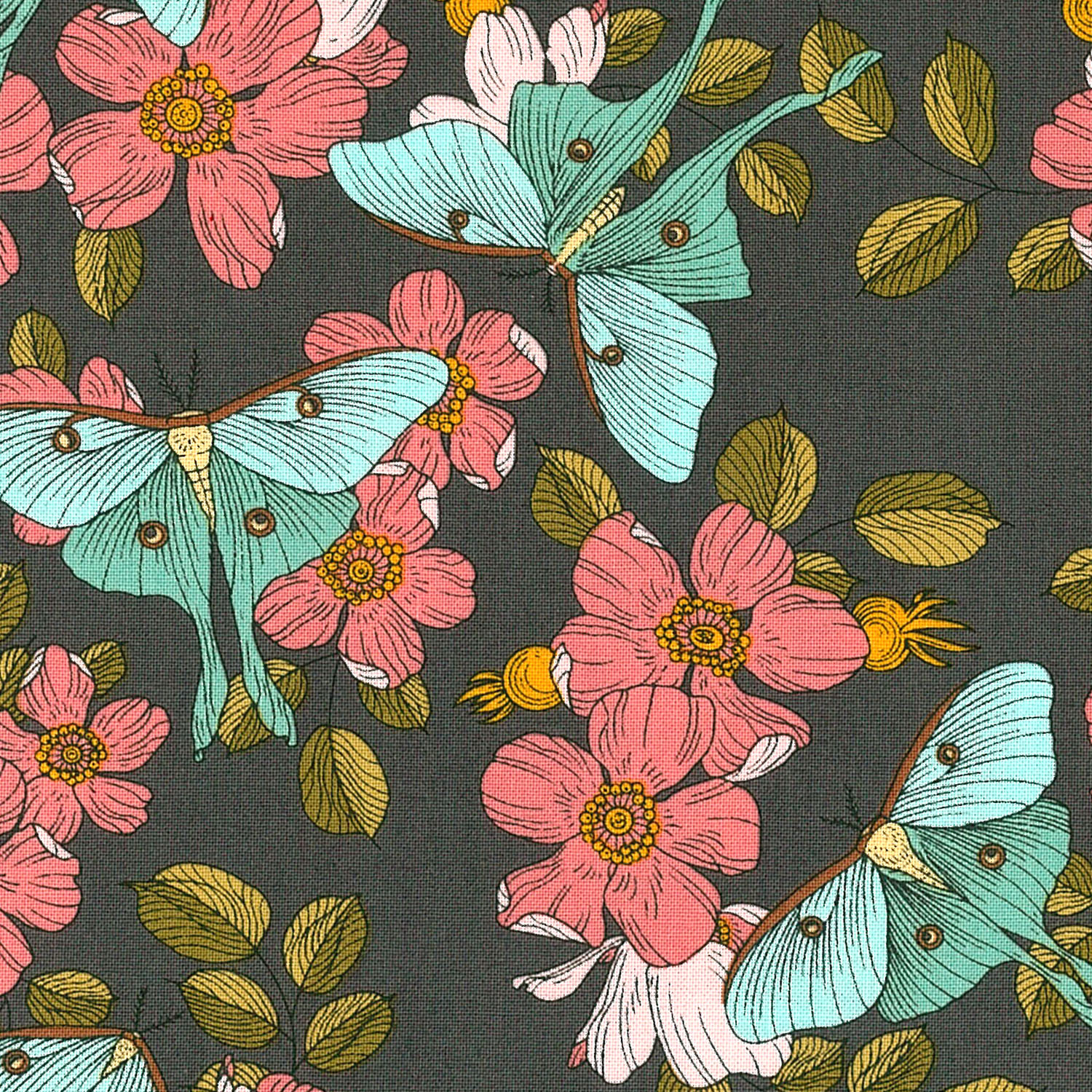 FSP-269 Charcoal Gray color Moth and pink floral pattern FreeSpirit Fabrics USAprint 1m (m)