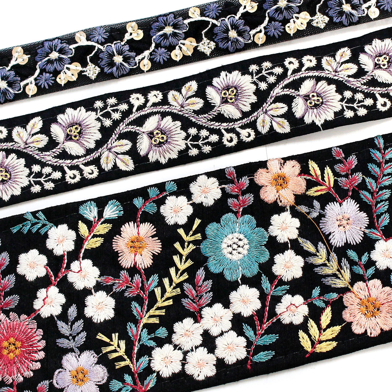 KF-RMIX-96 インド刺繍リボン ブラックアソート 約30cm×3本 (袋)