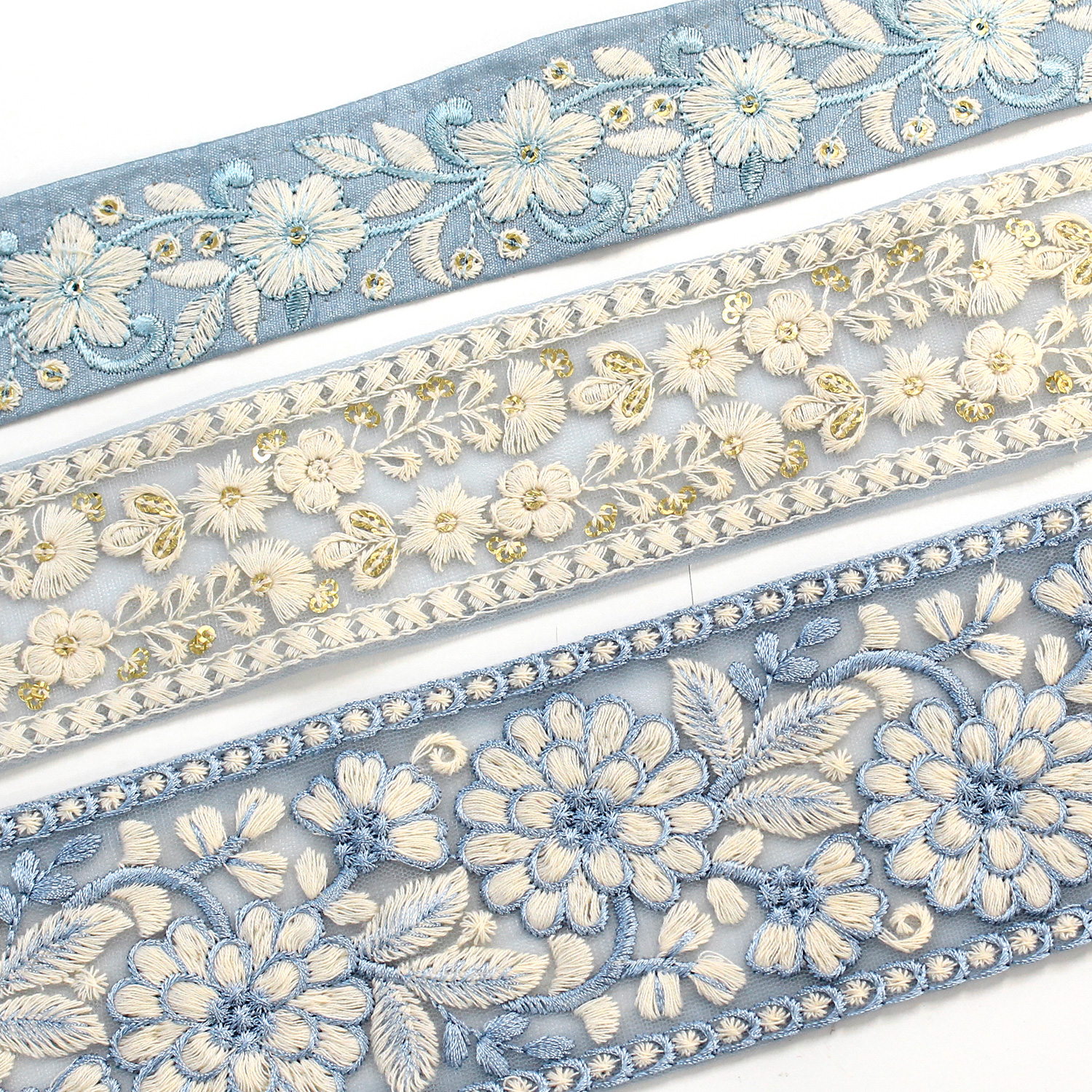 KF-RMIX-98 インド刺繍リボン ブルーアソート 約30cm×3本 (袋)