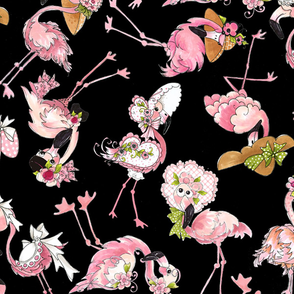 【0403再入荷】LORA692-329 Loralie Designs ローラライデザインズ ブラック地 フラミンゴ USAプリント生地 1m単位 (m)