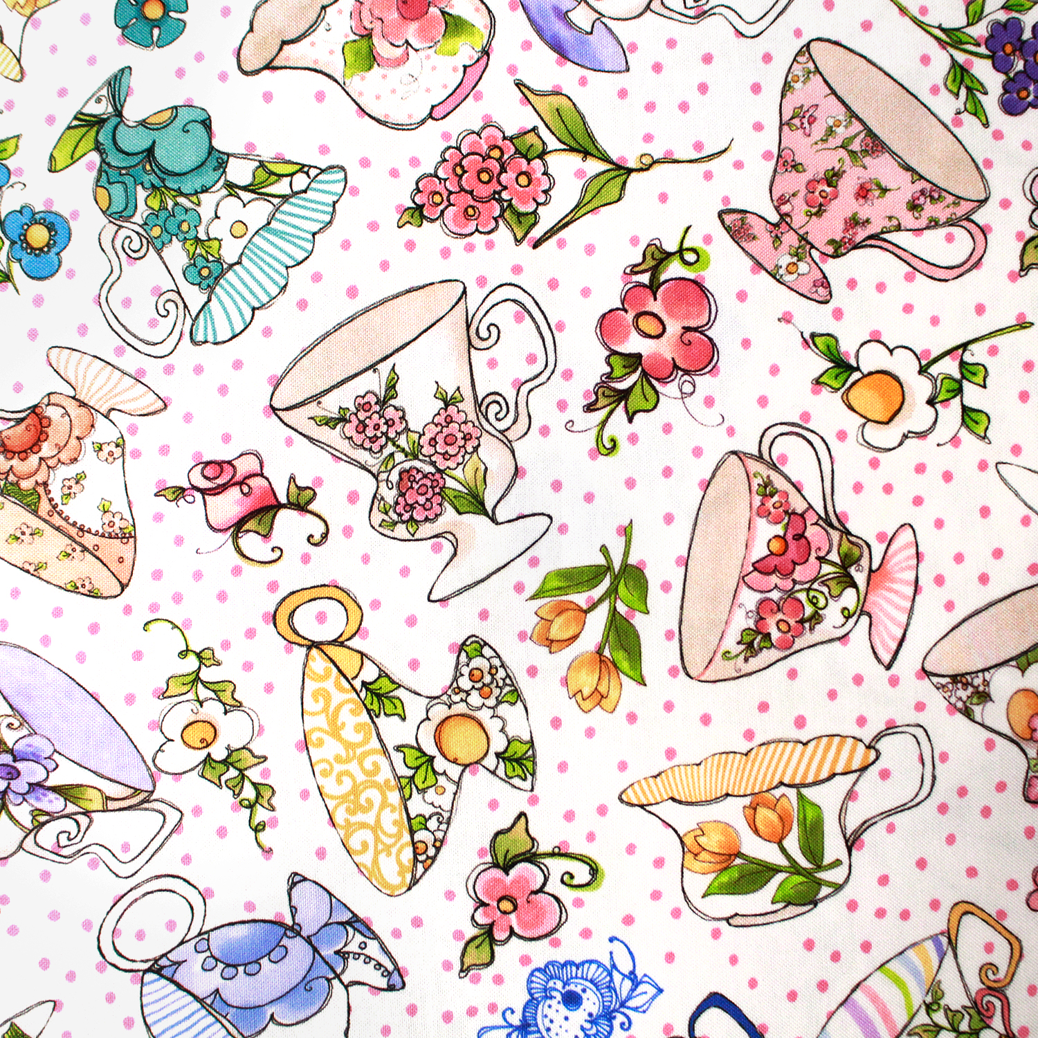 【0403再入荷】LORA692-521 Loralie Designs ホワイト地ドット花柄ティーカップ柄 巾約110cm×1m単位 (m)