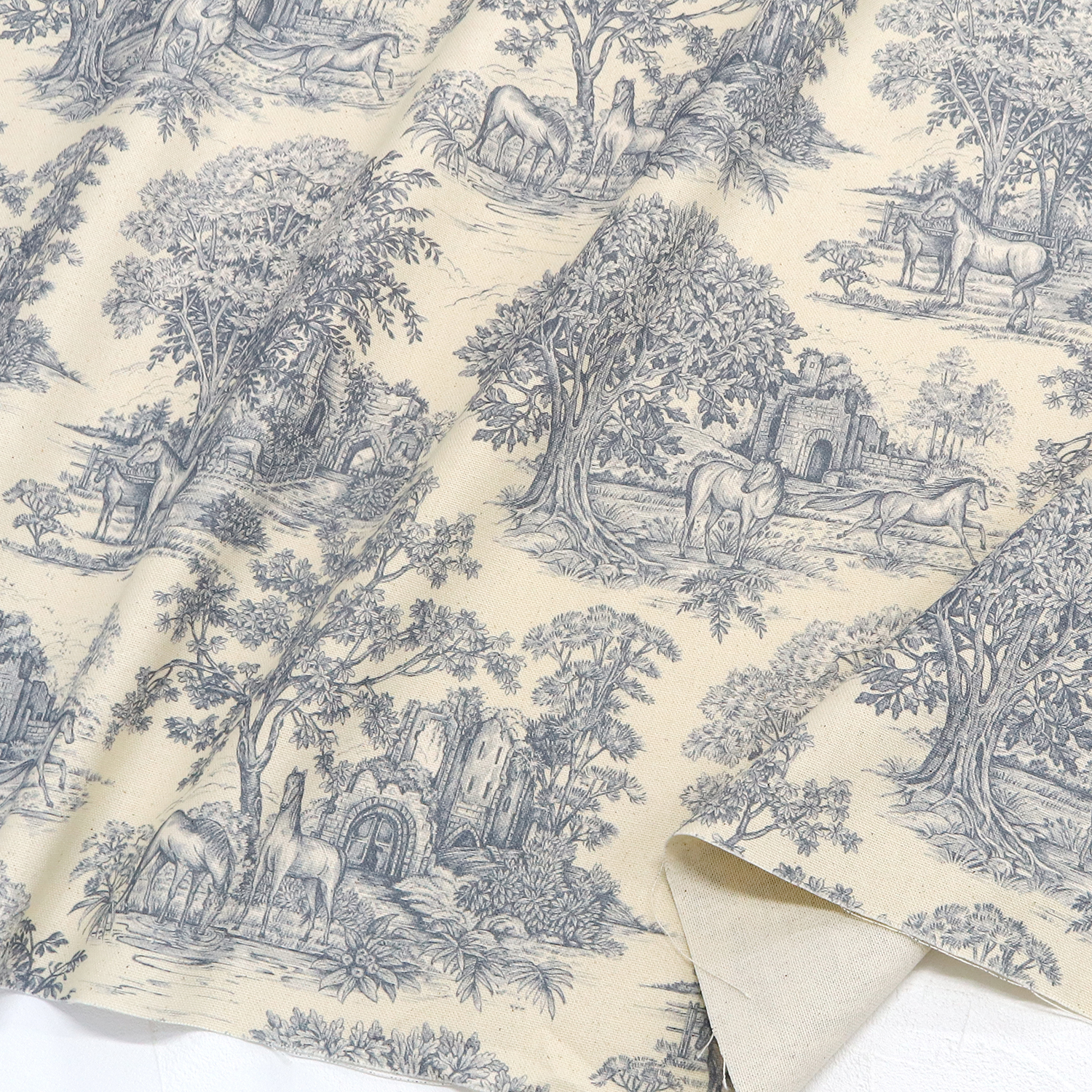 VIL-HORSES-30 馬 スペイン輸入 綿麻風インクジェットオックス 生地 約巾140cm 1m単位 (m)