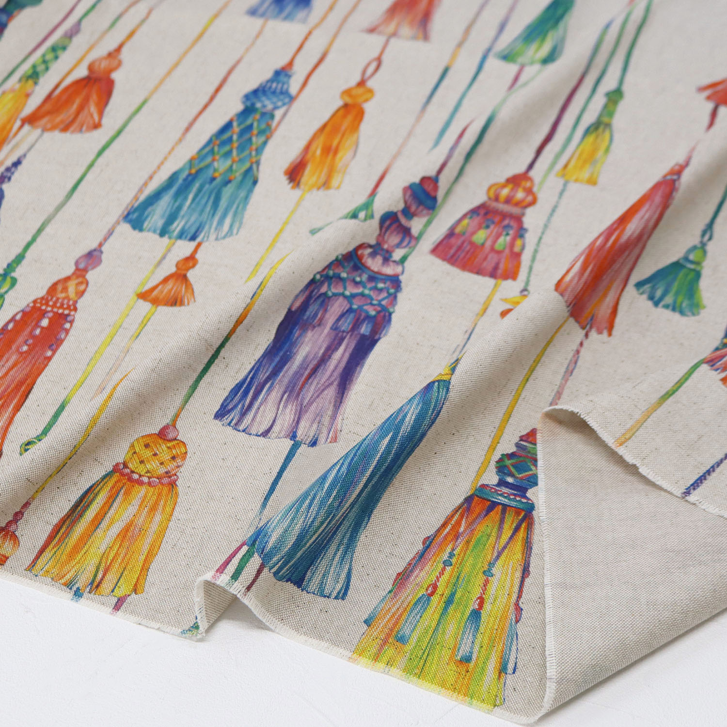 VIL-POMPON-11 タッセル スペイン輸入 綿麻風インクジェットオックス 生地 約巾140cm 1m単位 (m)