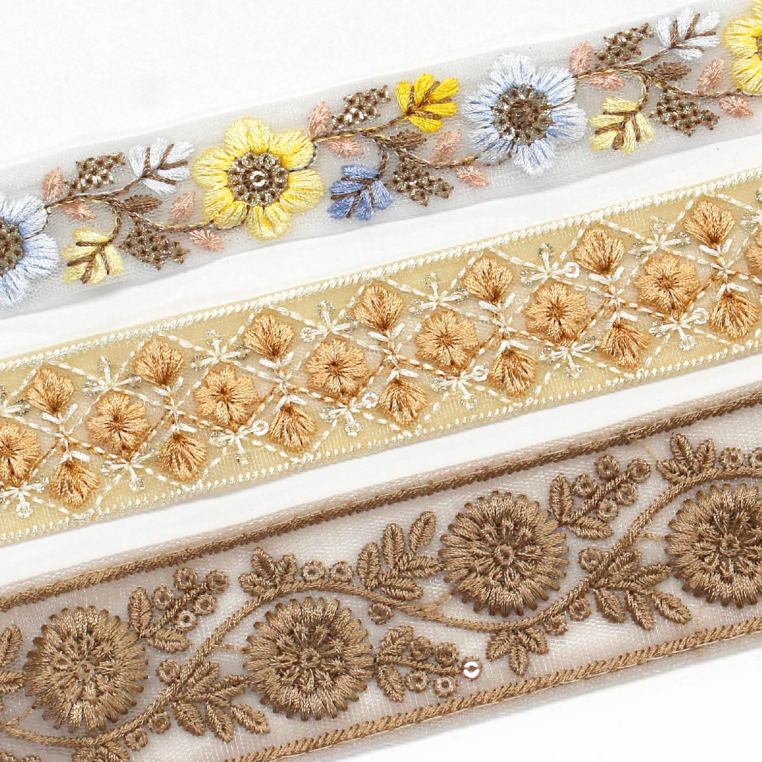 KF-RMIX-129 インド刺繍リボン ベージュアソート 約30cm×3本 (袋)