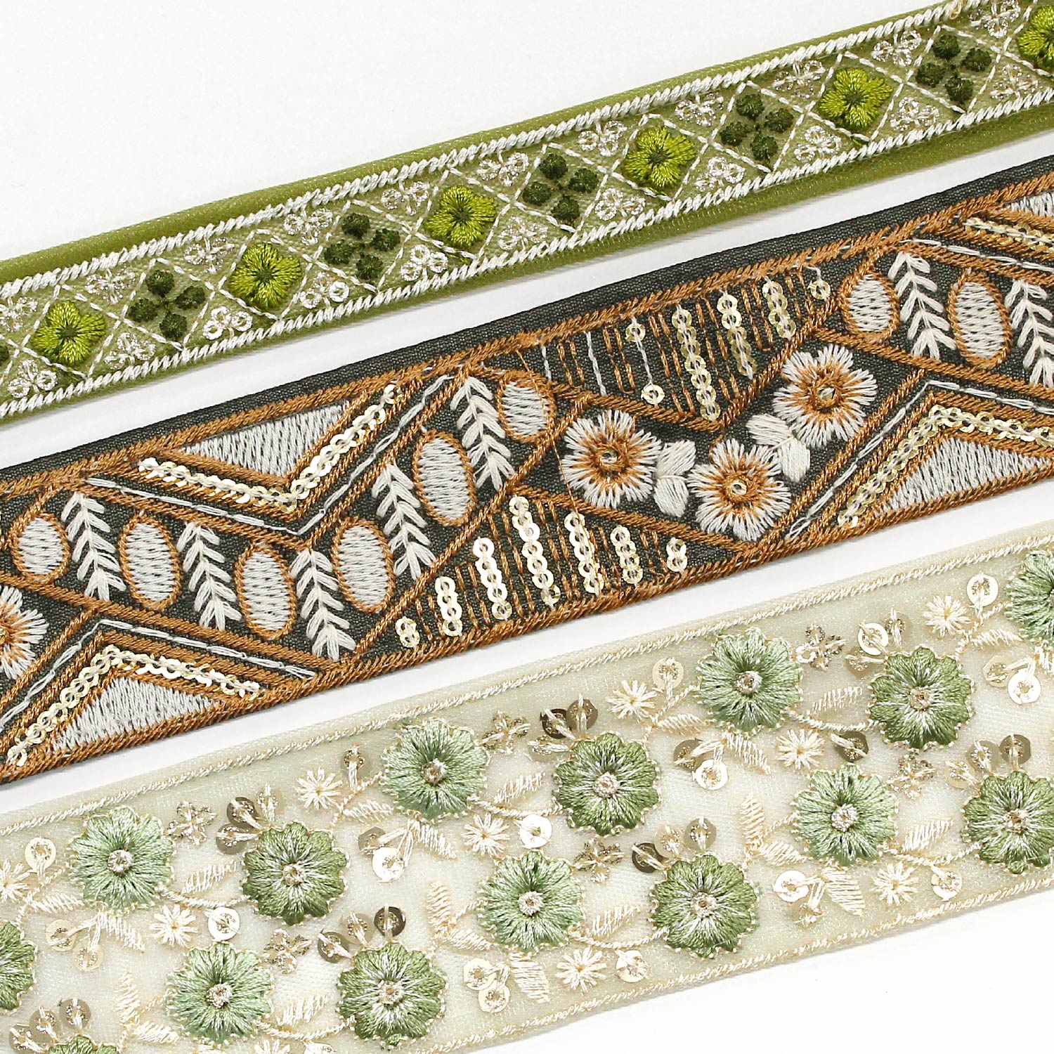 KF-RMIX-130 インド刺繍リボン グリーンアソート 約30cm×3本 (袋)