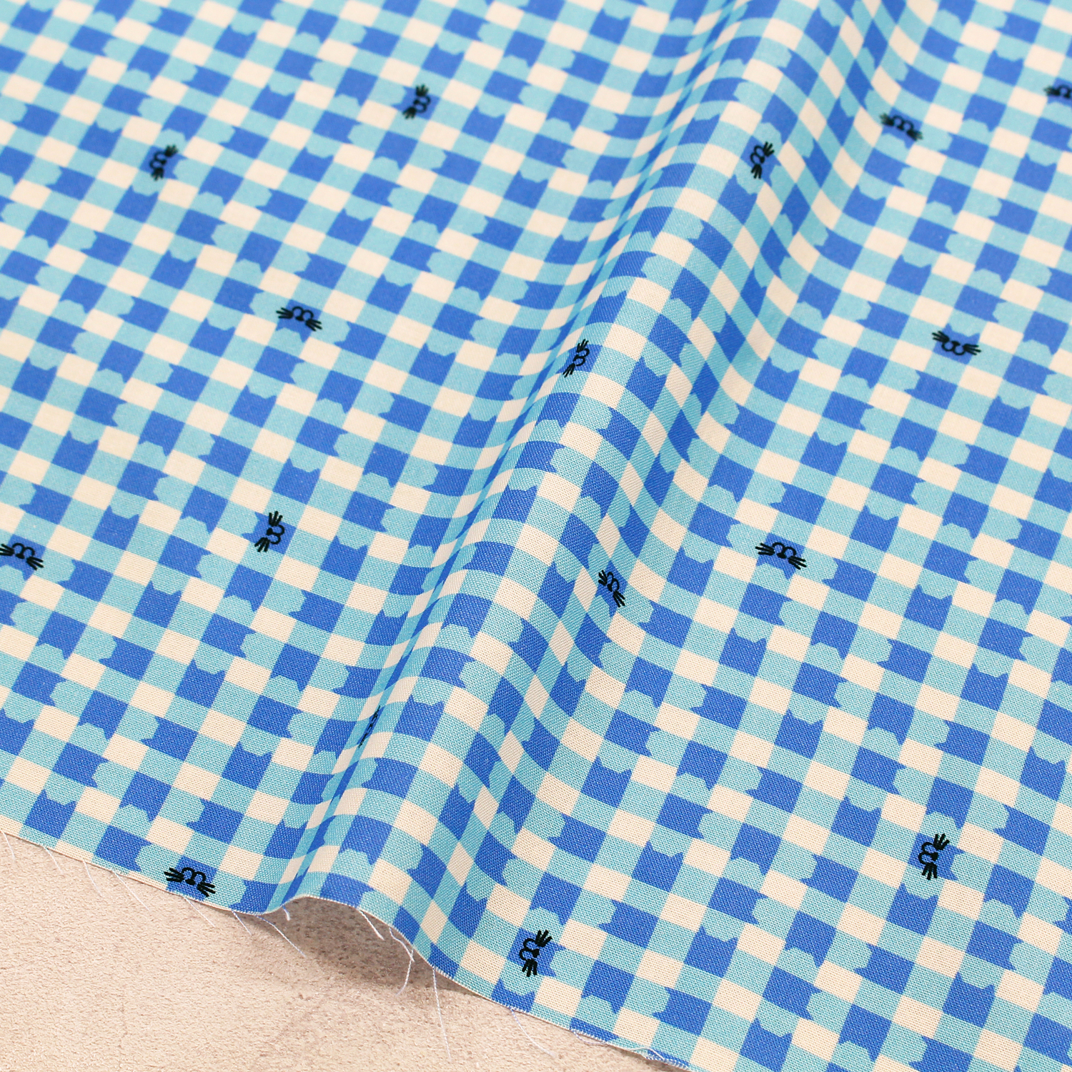 【0116新柄】ROB23291-63 水色猫ギンガムチェック ROBERT KAUFMAN ロバートカフマン USAプリント 巾約110cm 1m単位 (m)