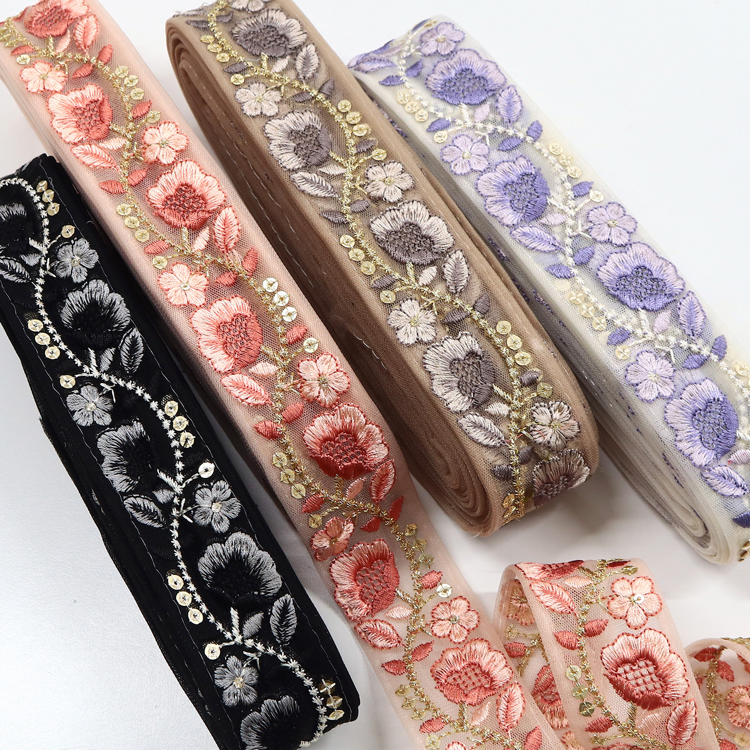 【0404新柄】KF-R24-10Y インド刺繍リボン 巾約4cm×原反約9m (巻)