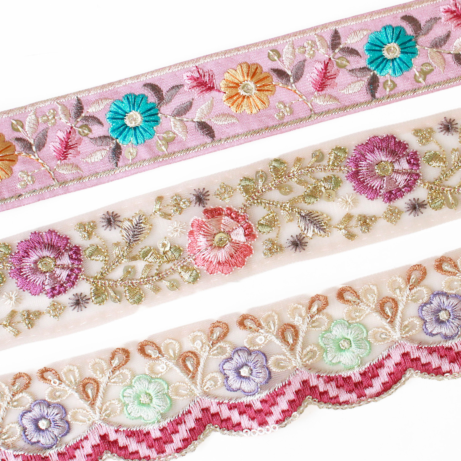KF-RMIX-132 インド刺繍リボン ピンクアソート 約30cm×3本 (袋)