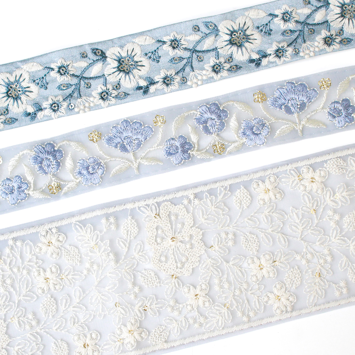 KF-RMIX-133 インド刺繍リボン ブルーアソート 約30cm×3本 (袋)