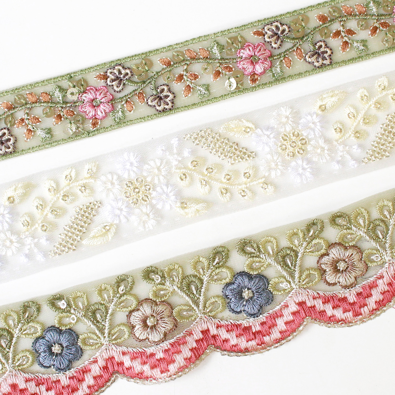 KF-RMIX-134 インド刺繍リボン グリーンアソート 約30cm×3本 (袋)