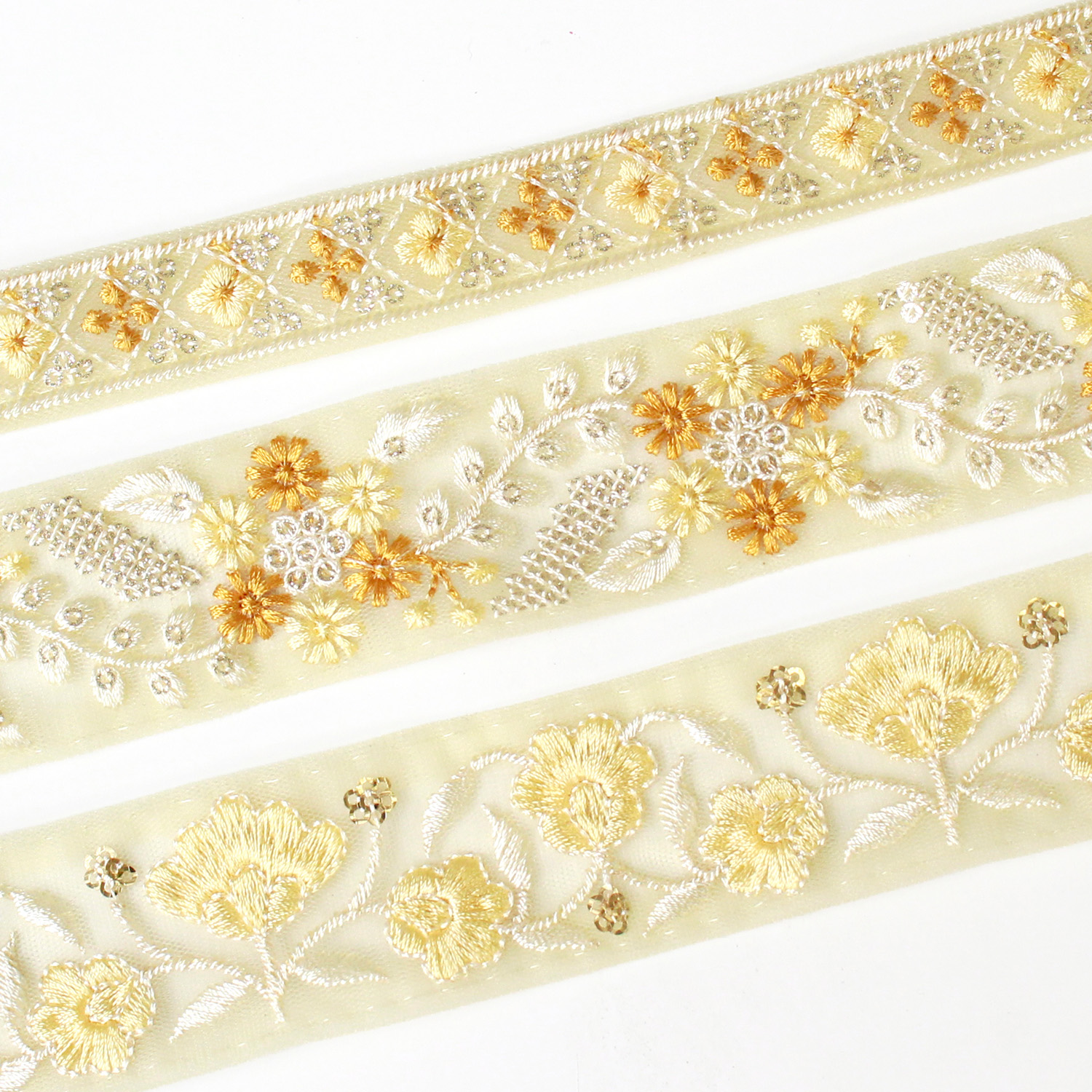 KF-RMIX-135 インド刺繍リボン イエローアソート 約30cm×3本 (袋)