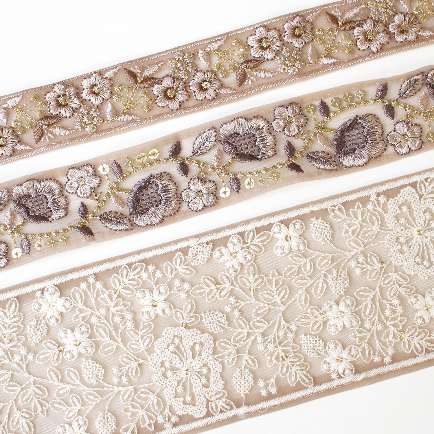 KF-RMIX-137 インド刺繍リボン ベージュアソート 約30cm×3本 (袋)