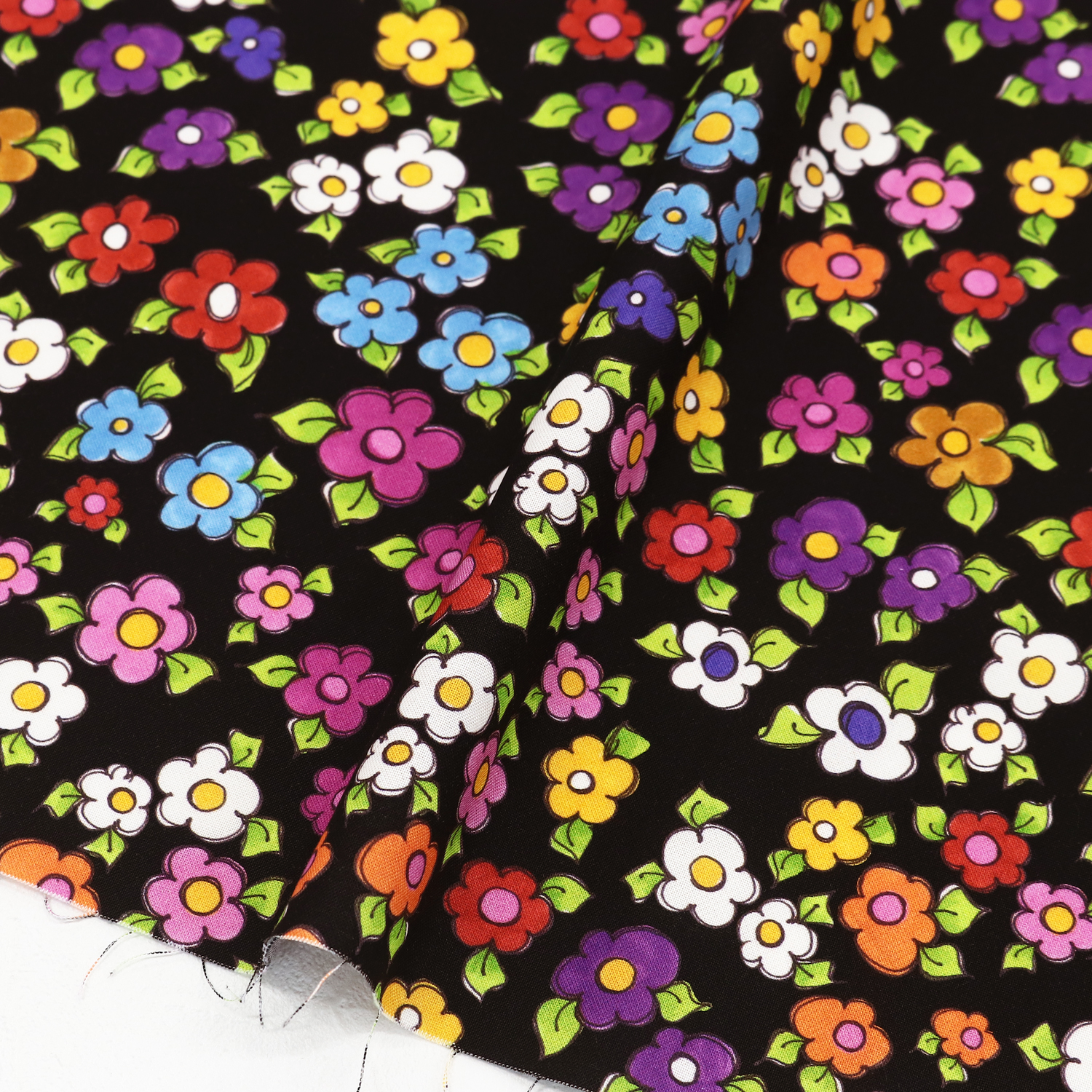 【2607再入荷】LORA692-723 ローラライデザインズ 黒地 カラフル花 USAプリント生地  巾約110cm m単位 (m)