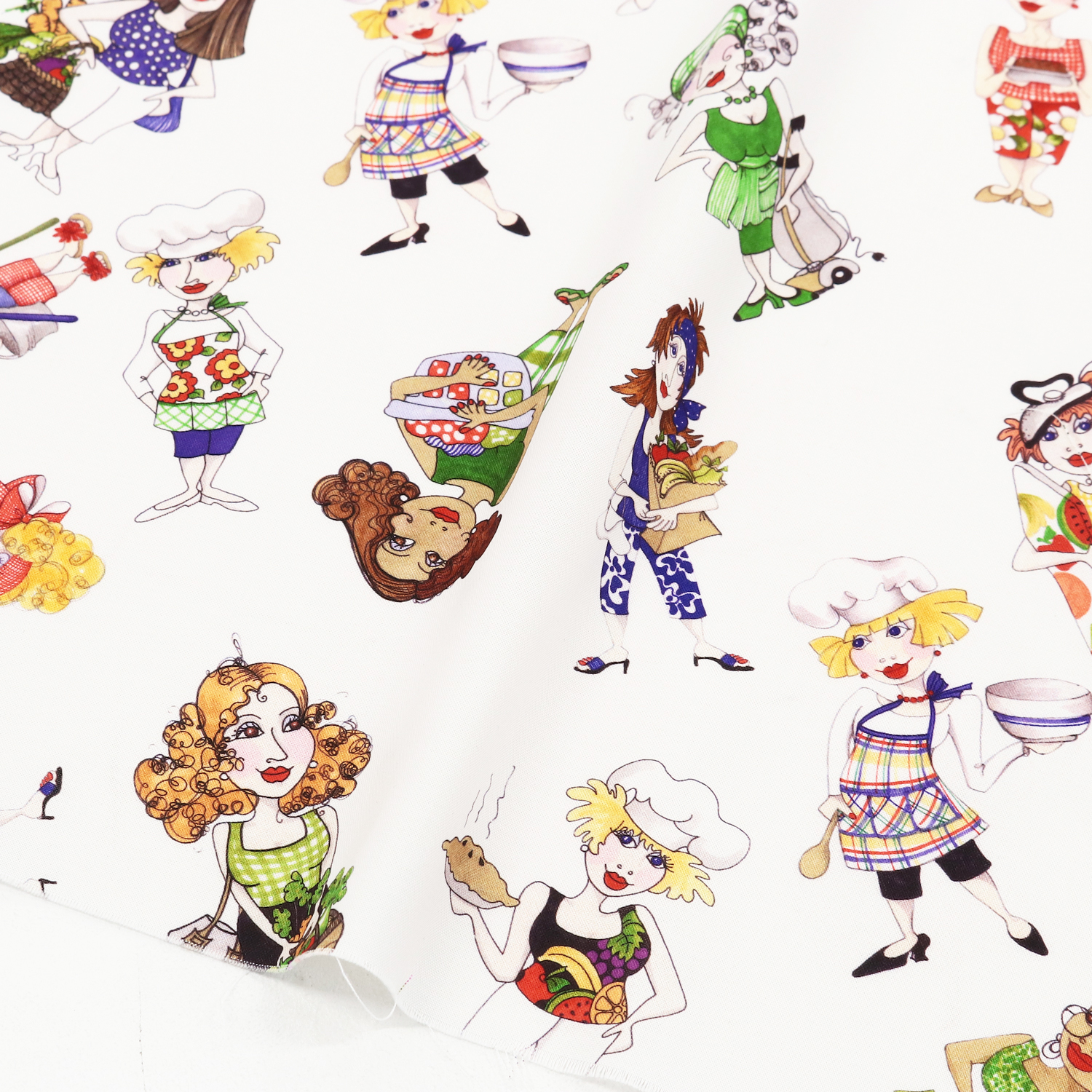 【2607再入荷】LORA692-736 ローラライデザインズ 白地 女性 クッキング USAプリント生地  巾約110cm m単位 (m)