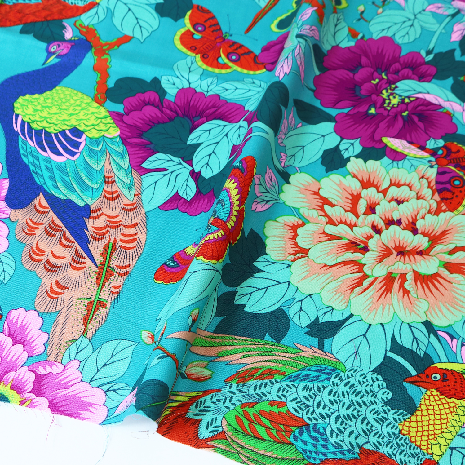 【2608新柄】FSP-953 ターコイズ地 花 キジ USAプリント Kaffe Fassett ケイフ・ファセット FreeSpirit フリースピリット 1m単位 (m)
