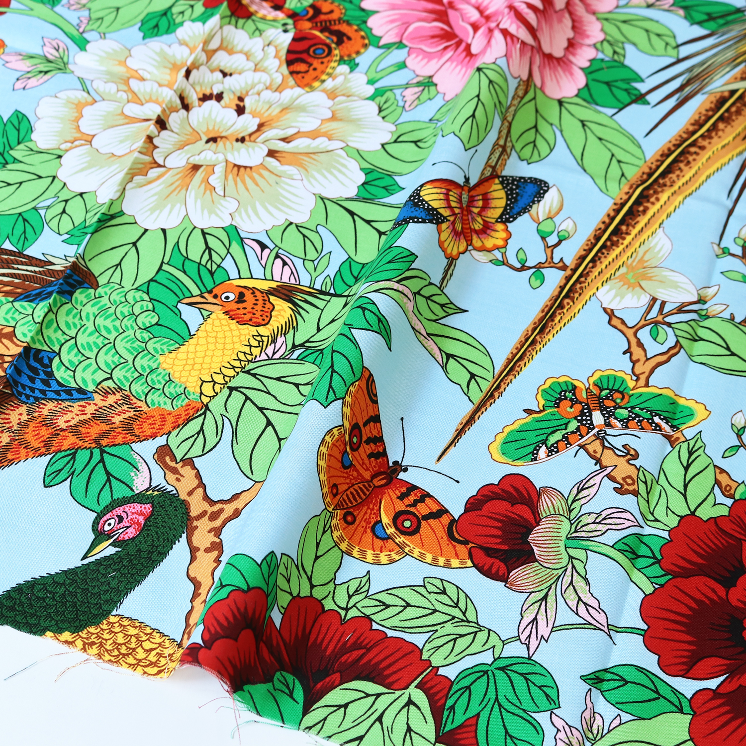 【2608新柄】FSP-955 水色地 花 キジ USAプリント Kaffe Fassett ケイフ・ファセット FreeSpirit フリースピリット 1m単位 (m)
