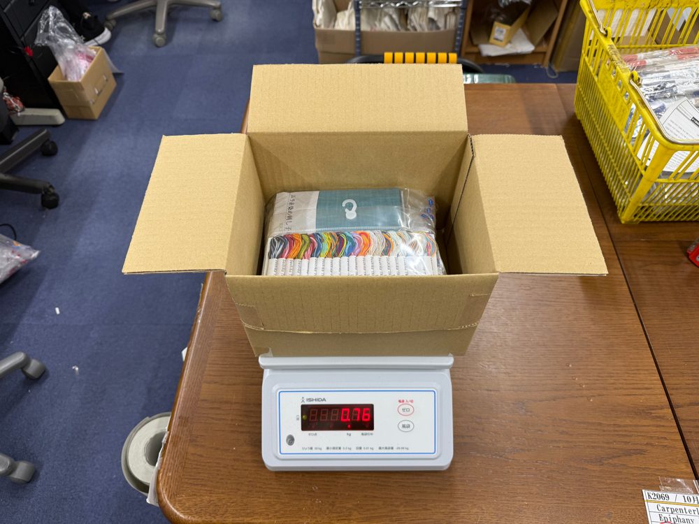 Open shipping box containing craft supplies for United Kingdom, London