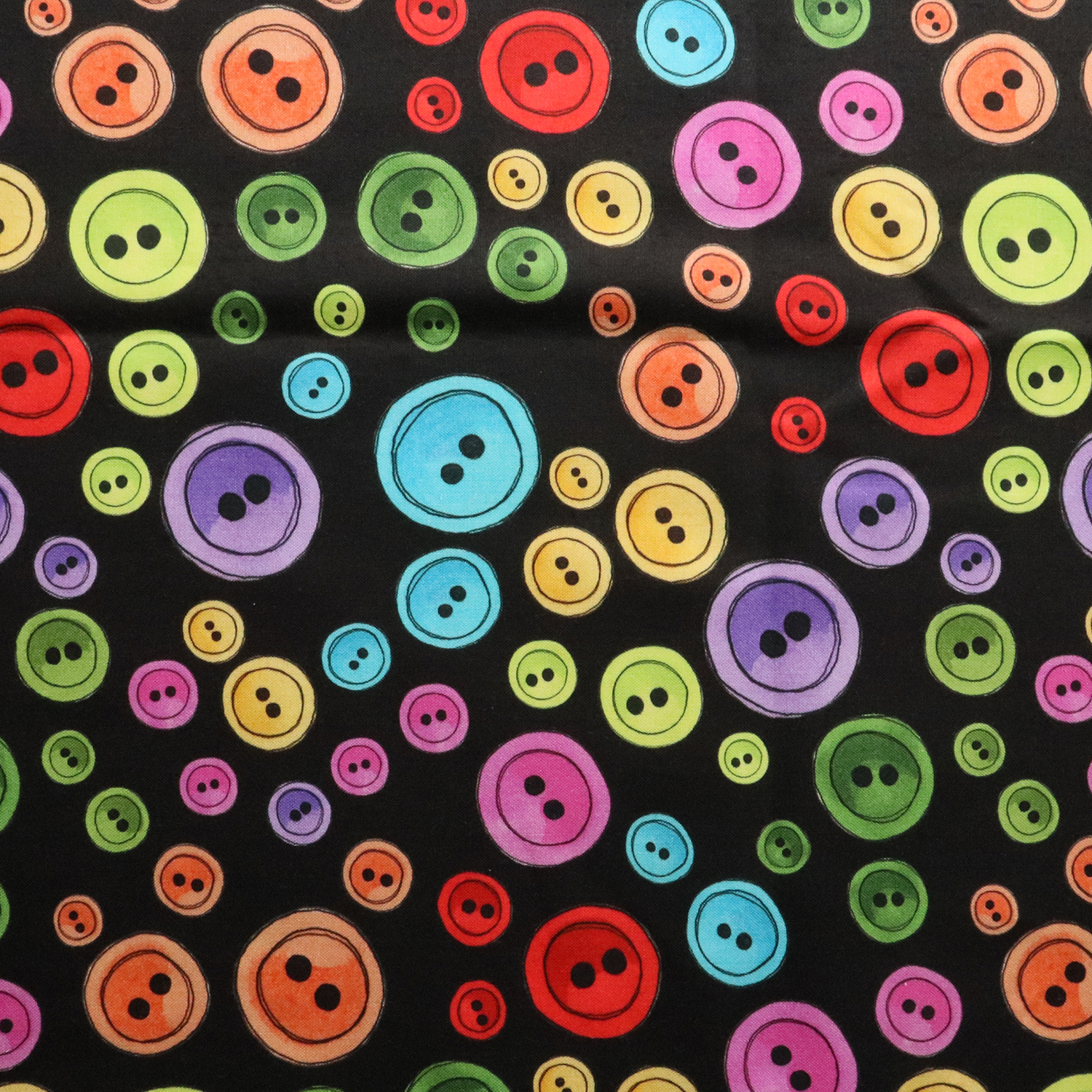 【0403再入荷】LORA692-466 Loralie Designs ブラック地カラフルボタン柄 巾約110cm×1m単位 (m)