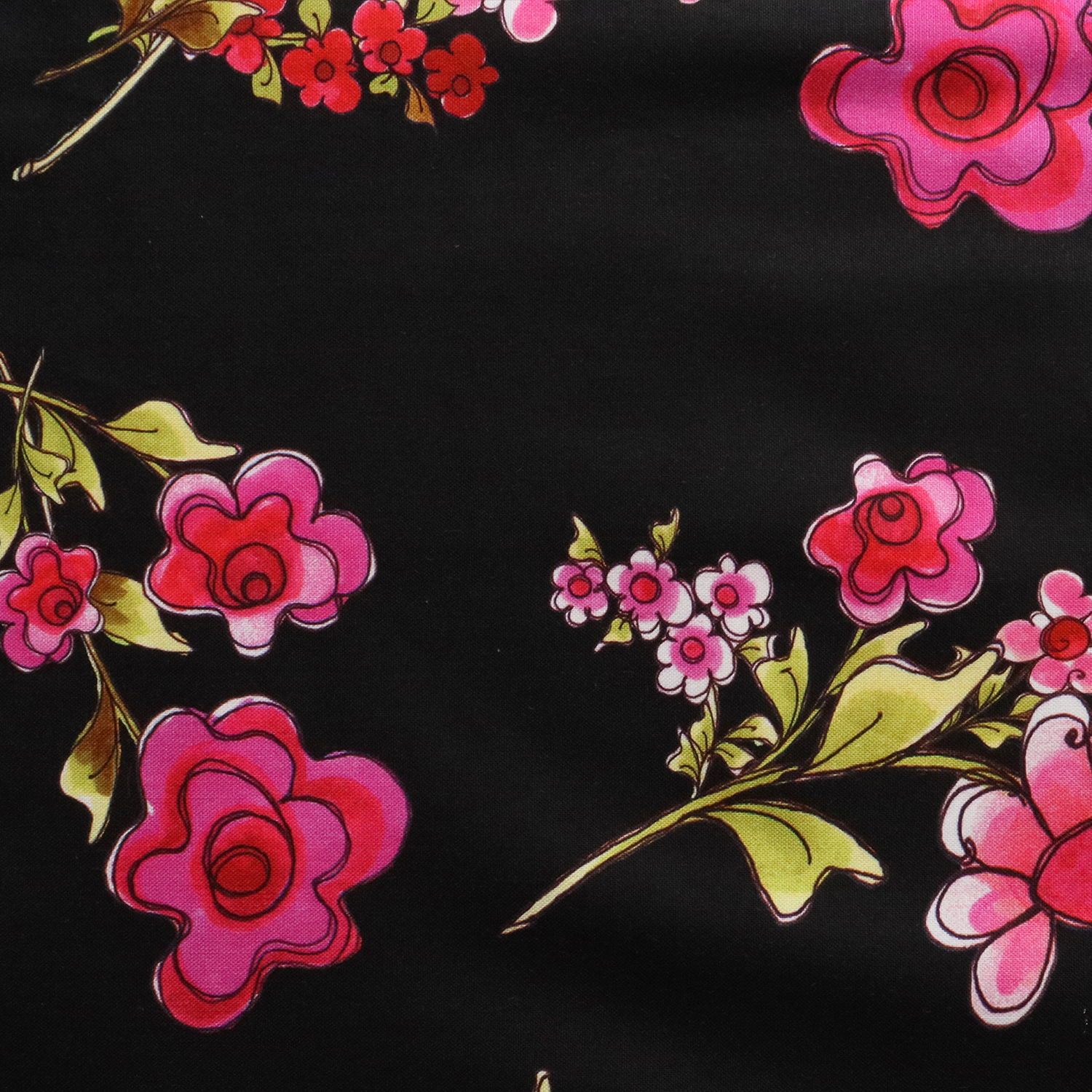 【0403再入荷】LORA692-467 Loralie Designs ブラック地ピンク葉っぱ付き花 巾約110cm×1m単位 (m)